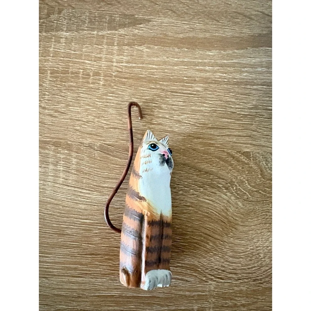 Hand-Carved Wooden Cat Figurine - Whimsical Folk Art Decor - Long Tail Striped